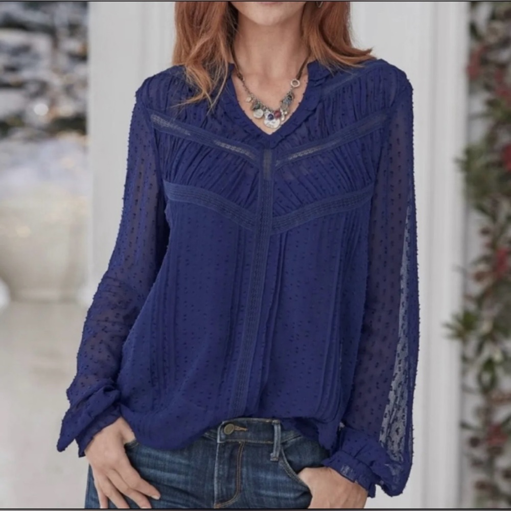 Sundance Blue Swiss Dot Sheer Lace Long Sleeve Blouse